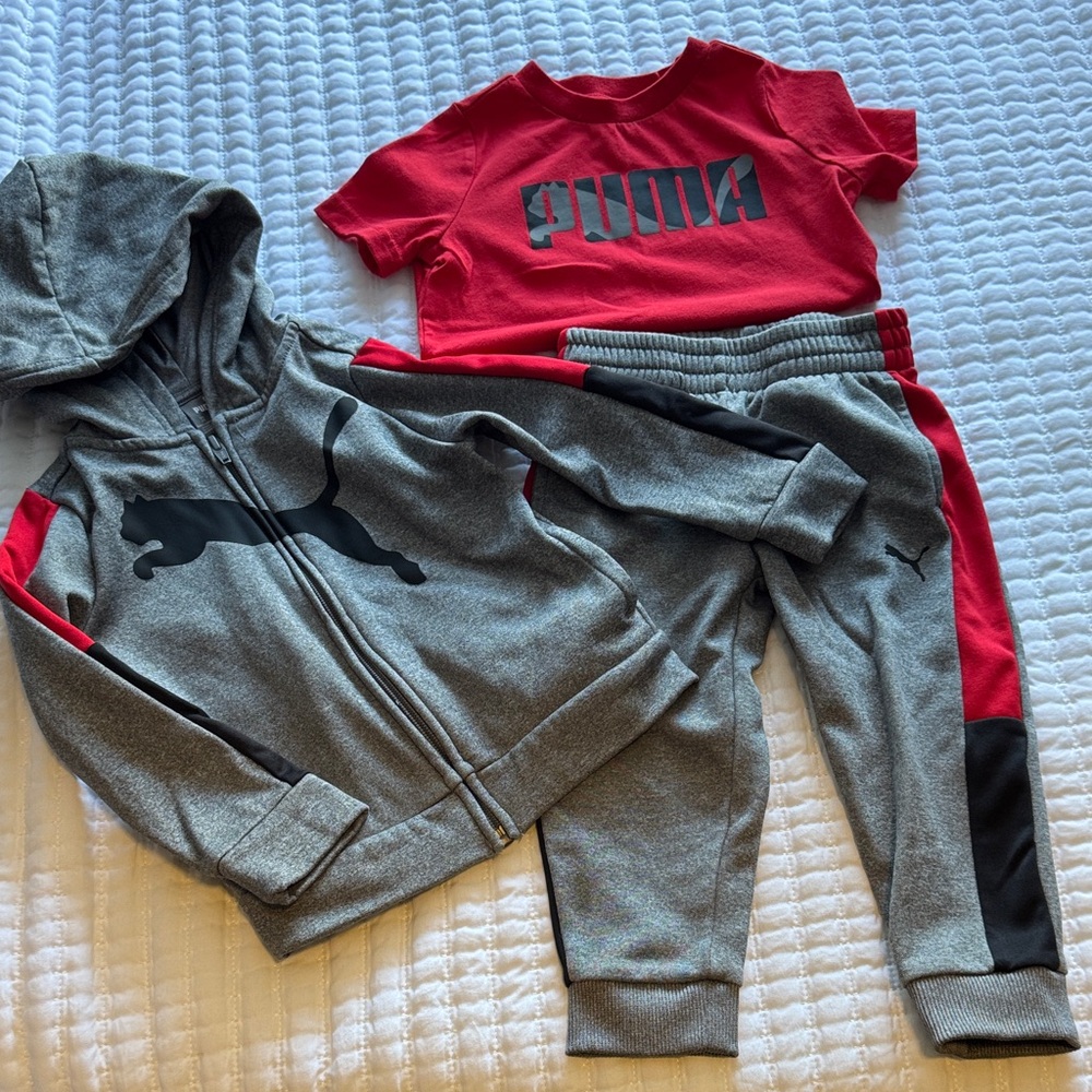 PUMA Kids Gray and Red Tracksuit Set 2T